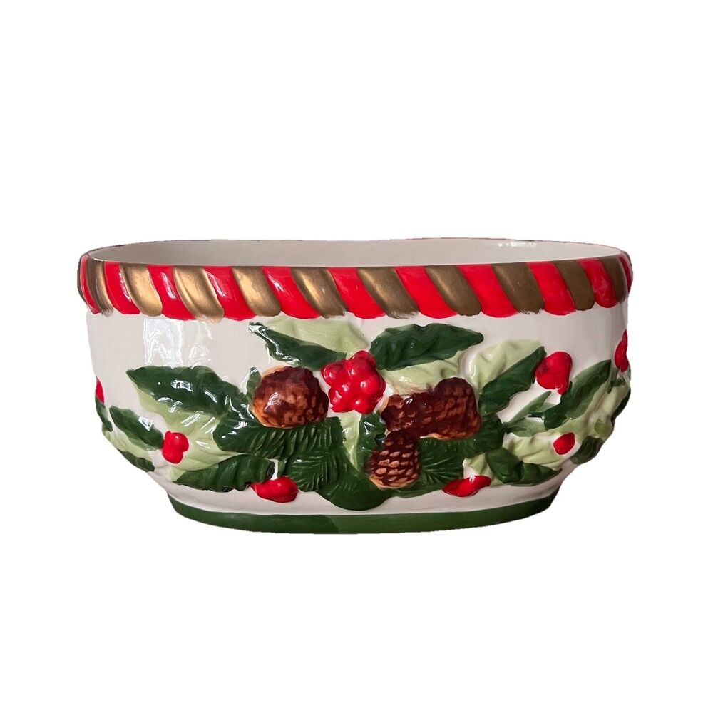 Vintage World Bazaars Inc Christmas Holly Pine Cone 8.5” L Ceramic Planter Pot
